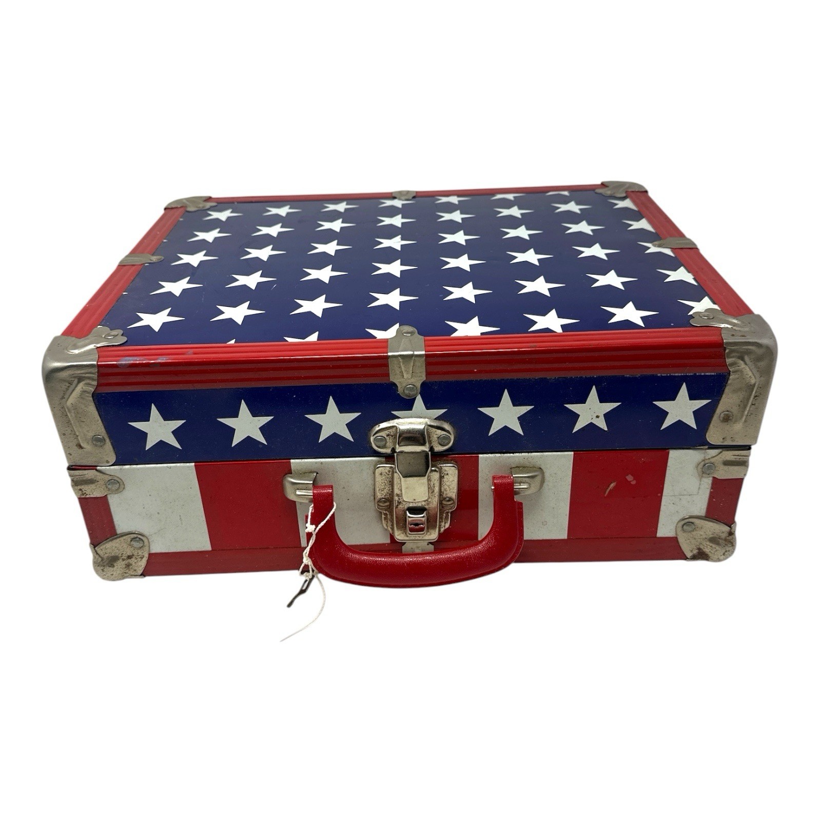 Vtg Hard Case & Long Key Suitcase Luggage Skate Box Travel Red White Blue Flag