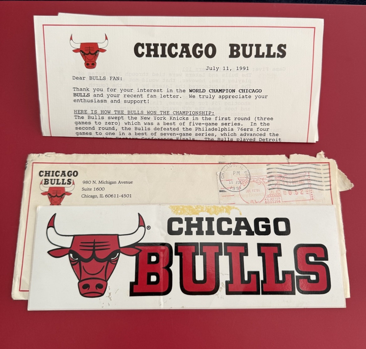 Chicago Bulls Very Rare 1991 Original Envelope Sticker And Documents After Champ Chicago Bulls Very Rare 1991 Original Envelope Sticker And Documents After Champ