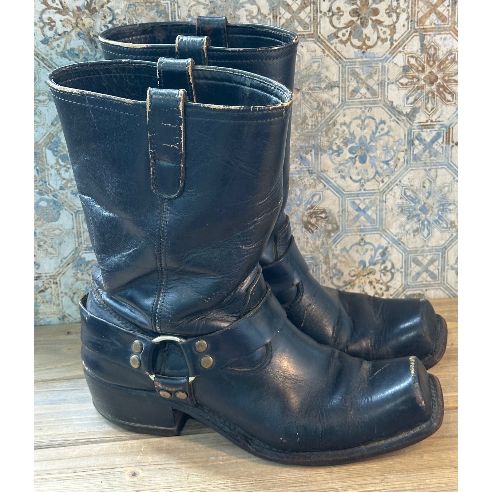 Vintage FRYE Harness Boots Leather Square Toe Biker Mens 10 D Black Fair