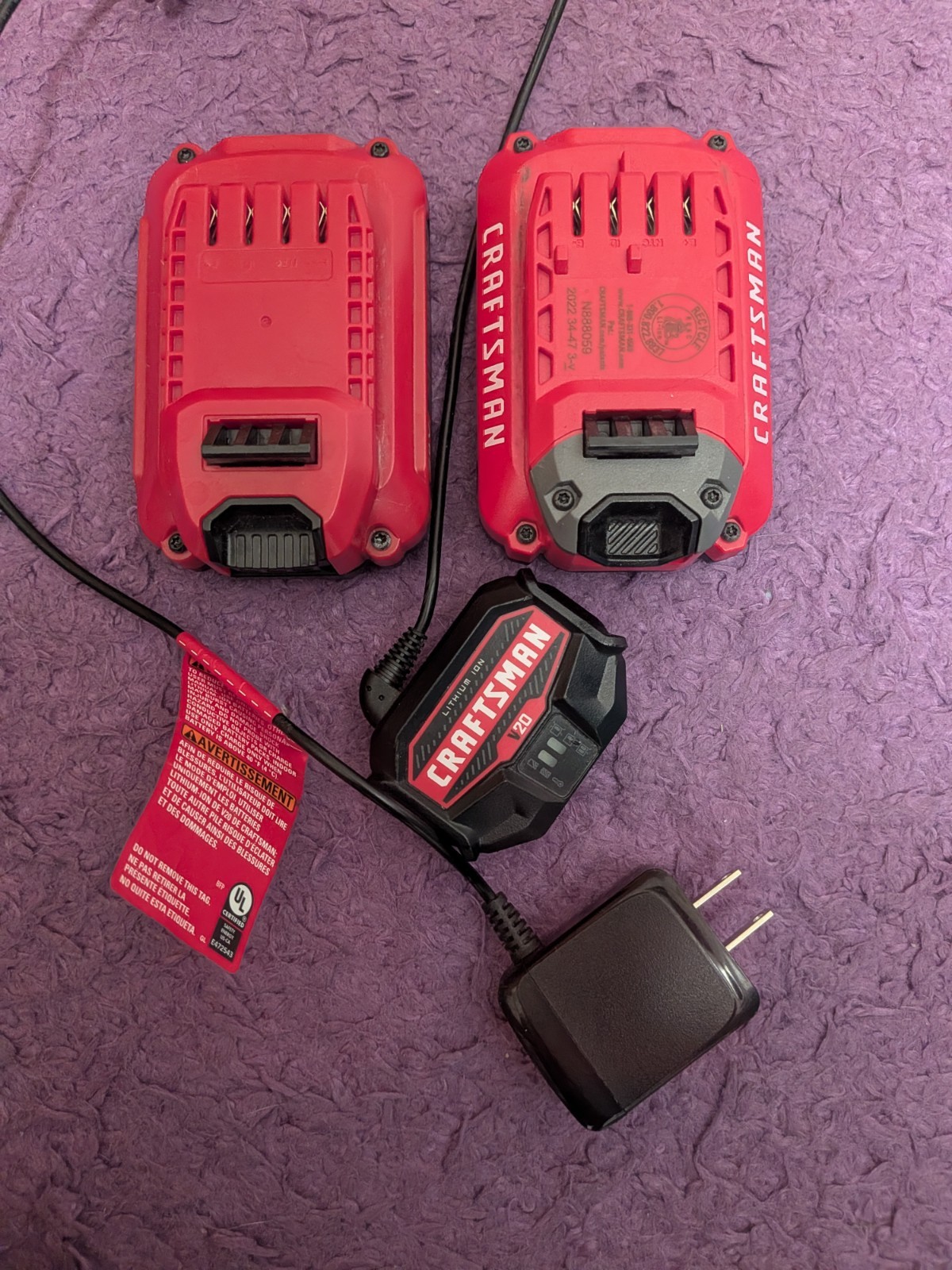 Craftsman V20 Cordless Tool Battery Lot (2) & Charger - Used