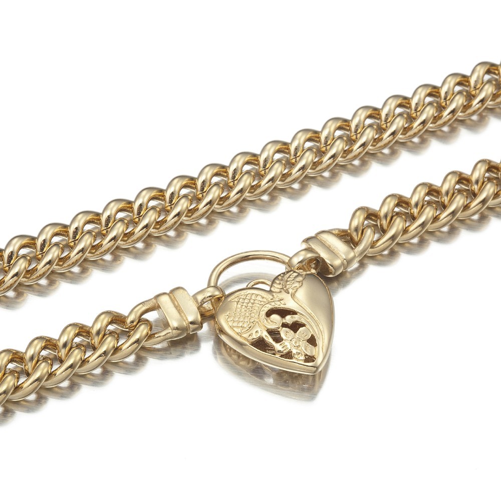 18K GL Solid Curb Chain Yellow Gold Necklace Half Filigree Heart Padlock