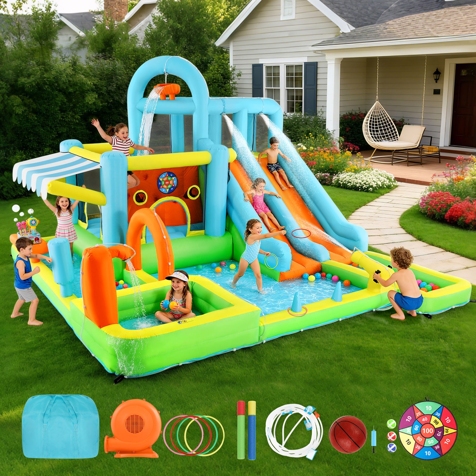 Large 10IN1 Inflatable Double Water Slides Bounce House Splash Pool Outdoor Park Large 10IN1 Inflatable Double Water Slides Bounce House Splash Pool Outdoor Park