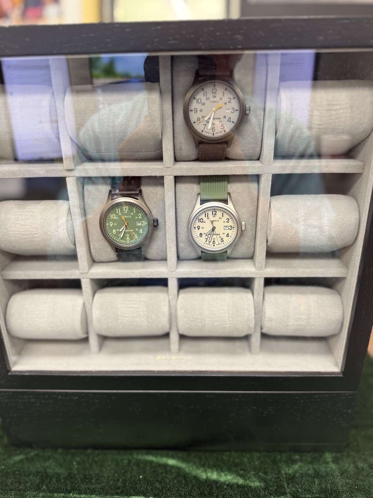 Watch Display Case with Glass Front/Storage Drawers/ WITH Timex Indiglo Watches Watch Display Case with Glass Front/Storage Drawers/ WITH Timex Indiglo Watches