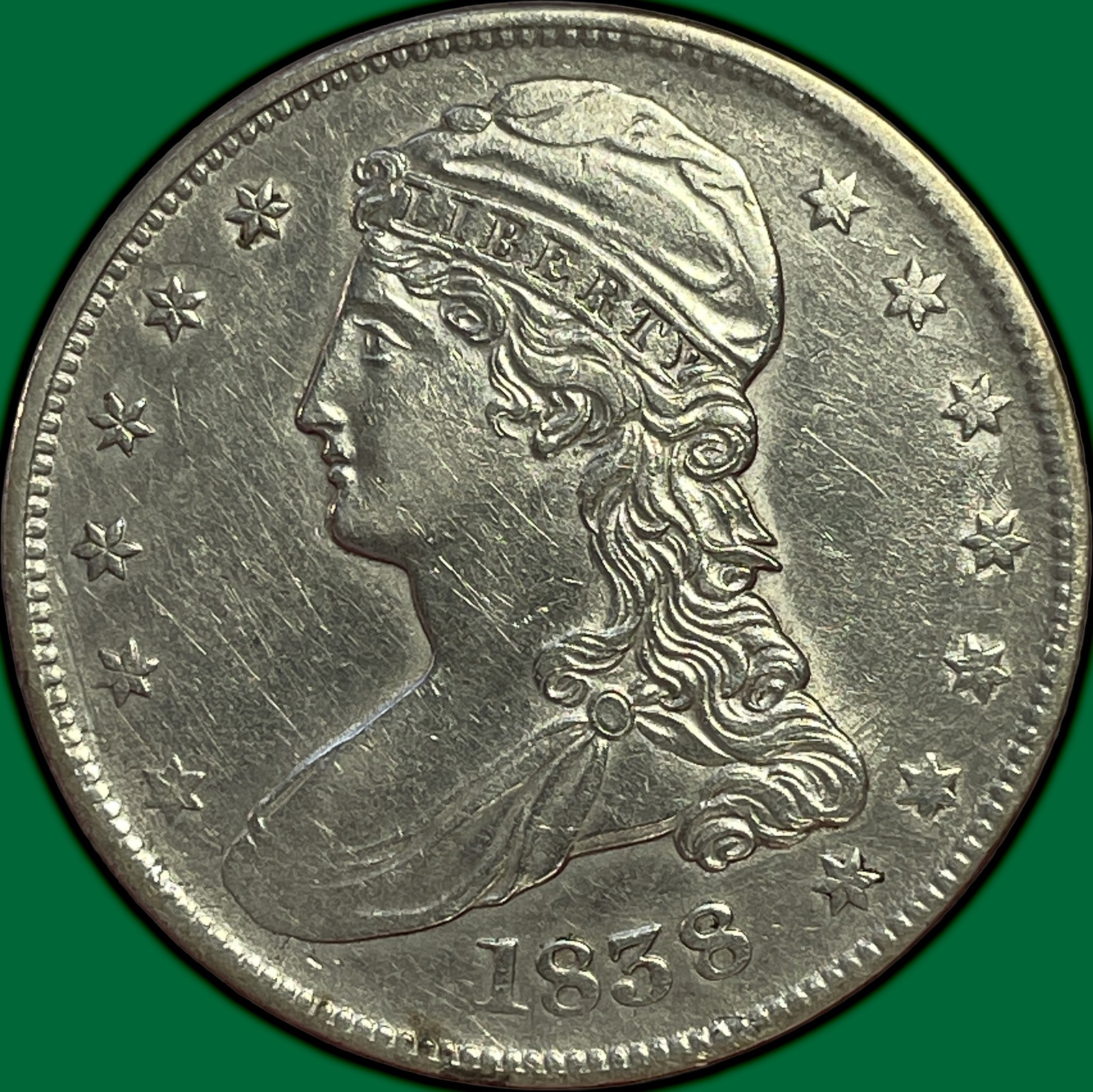 1838 Capped Bust Reeded Edge Half Dollar Almost Uncirculated AU, Cleaned #48191