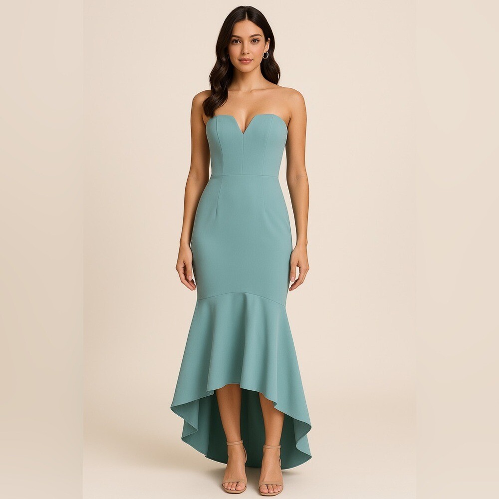 Theia Trumpet Sleeveless Fishtail Aqua Blue Midi Gown Size 4 Theia Trumpet Sleeveless Fishtail Aqua Blue Midi Gown Size 4