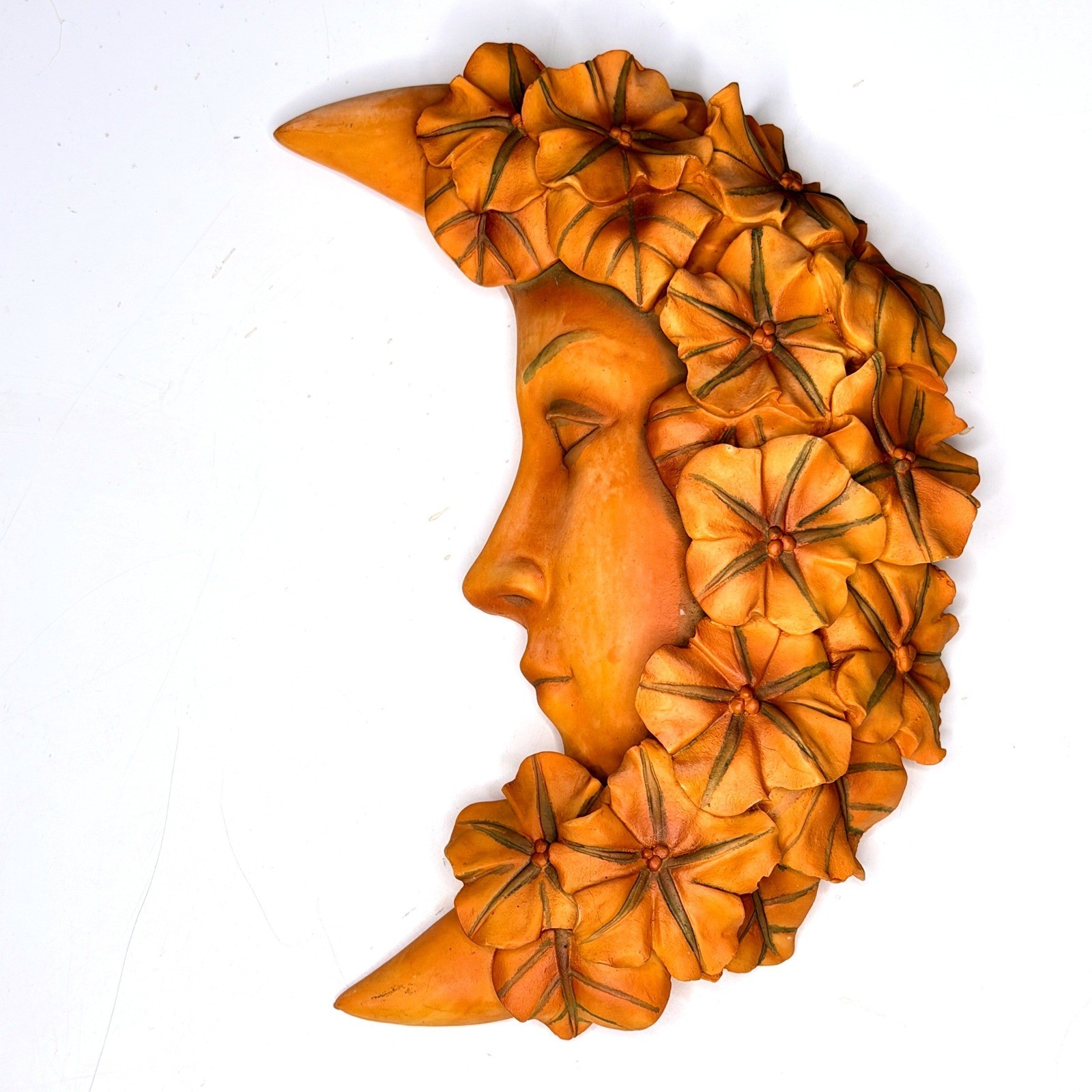 Vtg Y2K Crescent Moon Lady Face Floral Wall Plaque UDC Cast Resin Celestial 10