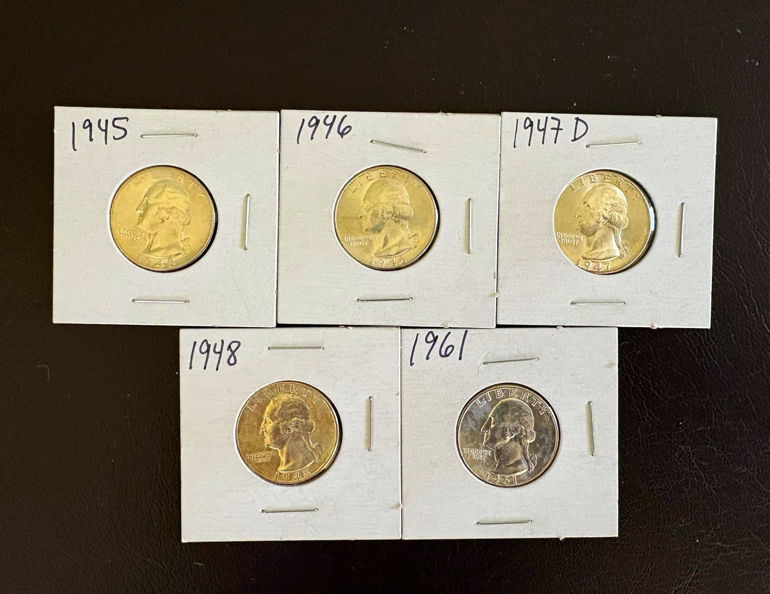 Five Uncirculated 90% Silver Washington Quarters — 1945, 1946, 1947D, 1948, 1961