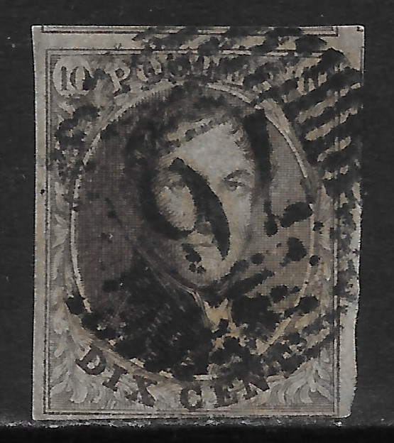 BELGIUM SCOTT 10 USED FINE - 1858 10c BROWN ISSUE - KING LEOPOLD I (C)
