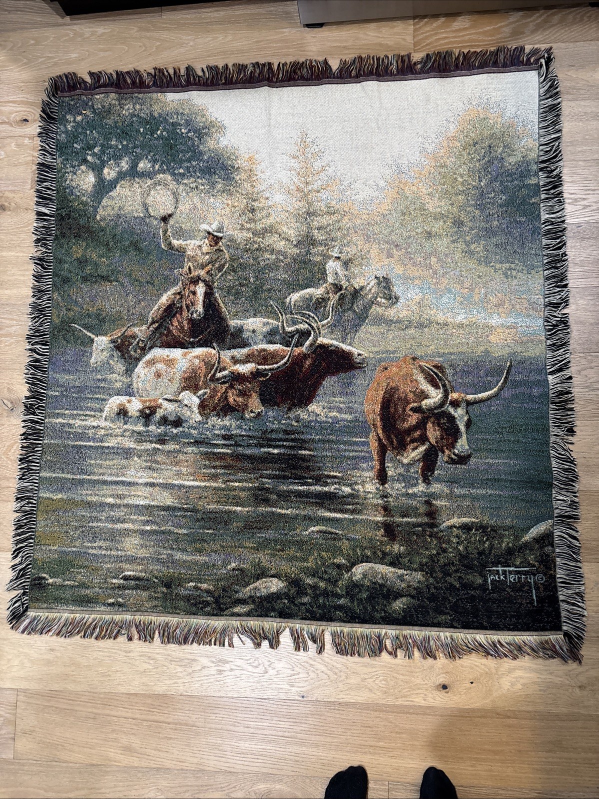 VTG Western Cowboy Woven Tapestry Throw Blanket Fringe Cattle Ranch Cabin Wall