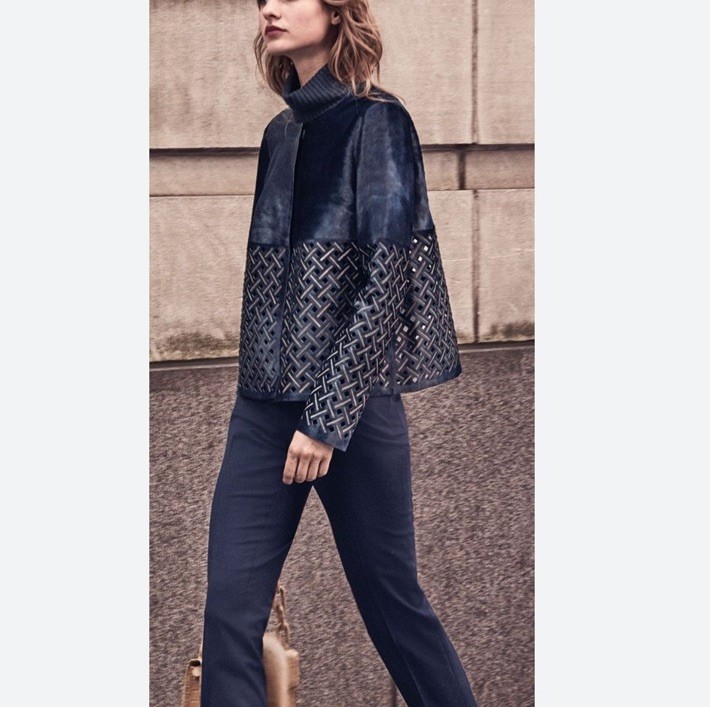 NWT Lafayette 148 New York Jacket $2,998 M Calf Hair Leather Navy Blue Cutout
