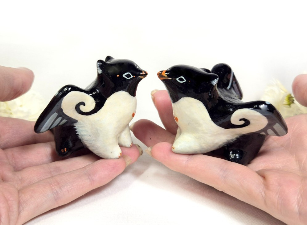 Couple penguin Gryphon sculpture TO ORDER Small Griffin art  clay bird figurine