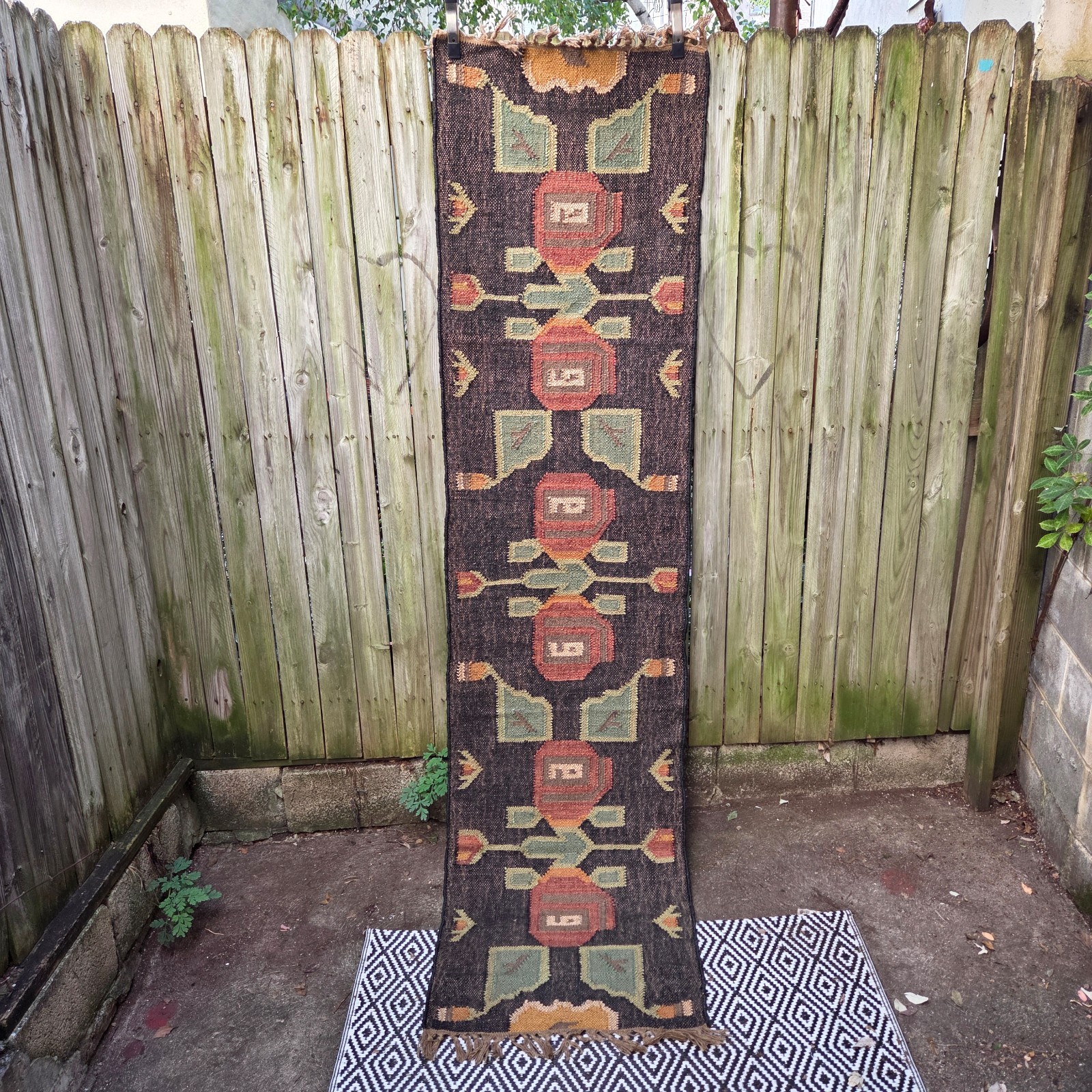 Vintage Wool Rug Runner Fringe Hand Knotted Geometric Tribal Roman Kilim 250x64