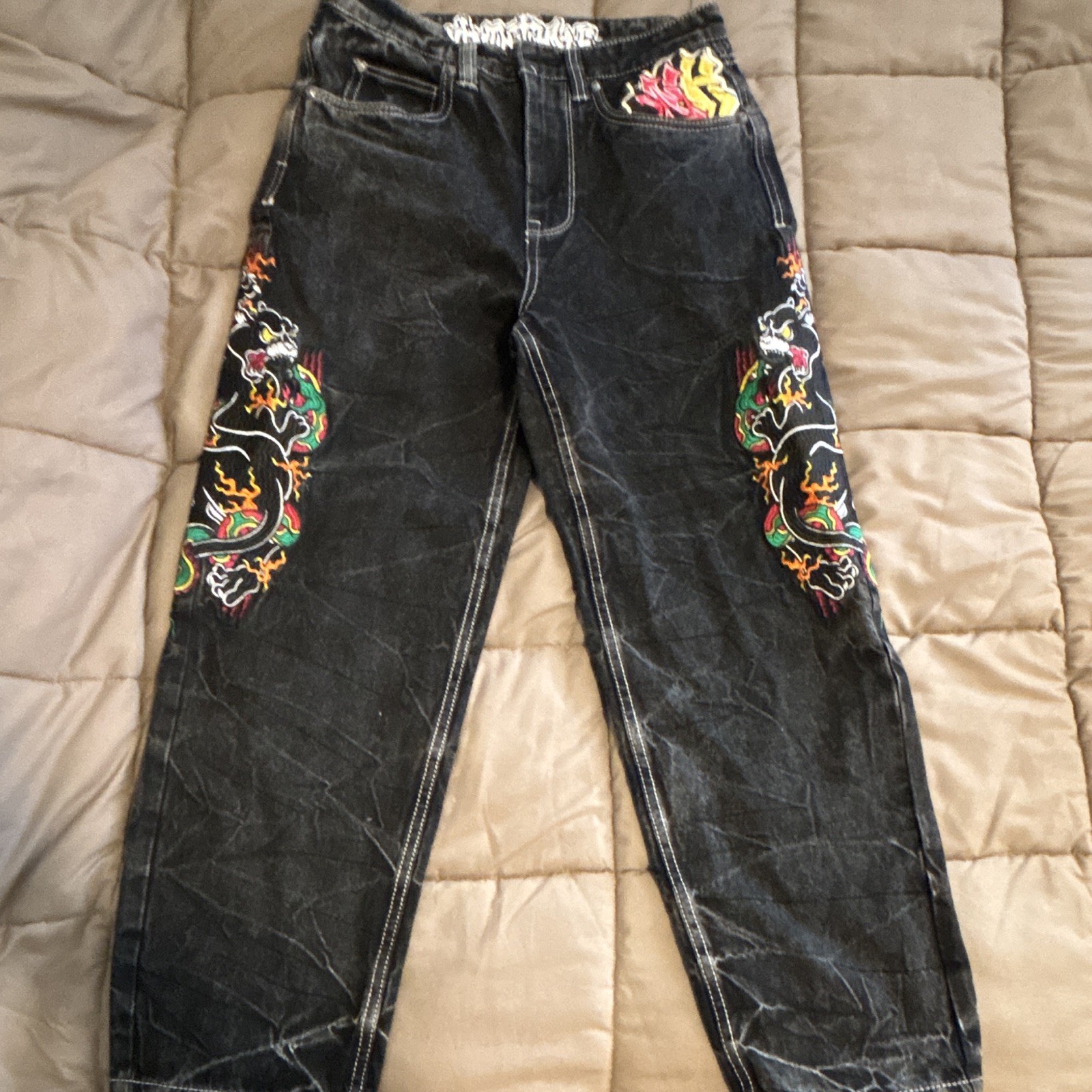 Mishka NYC Black Acid Wash Straight Leg Dragon Embroidered Jeans 28x28 Mishka NYC Black Acid Wash Straight Leg Dragon Embroidered Jeans 28x28