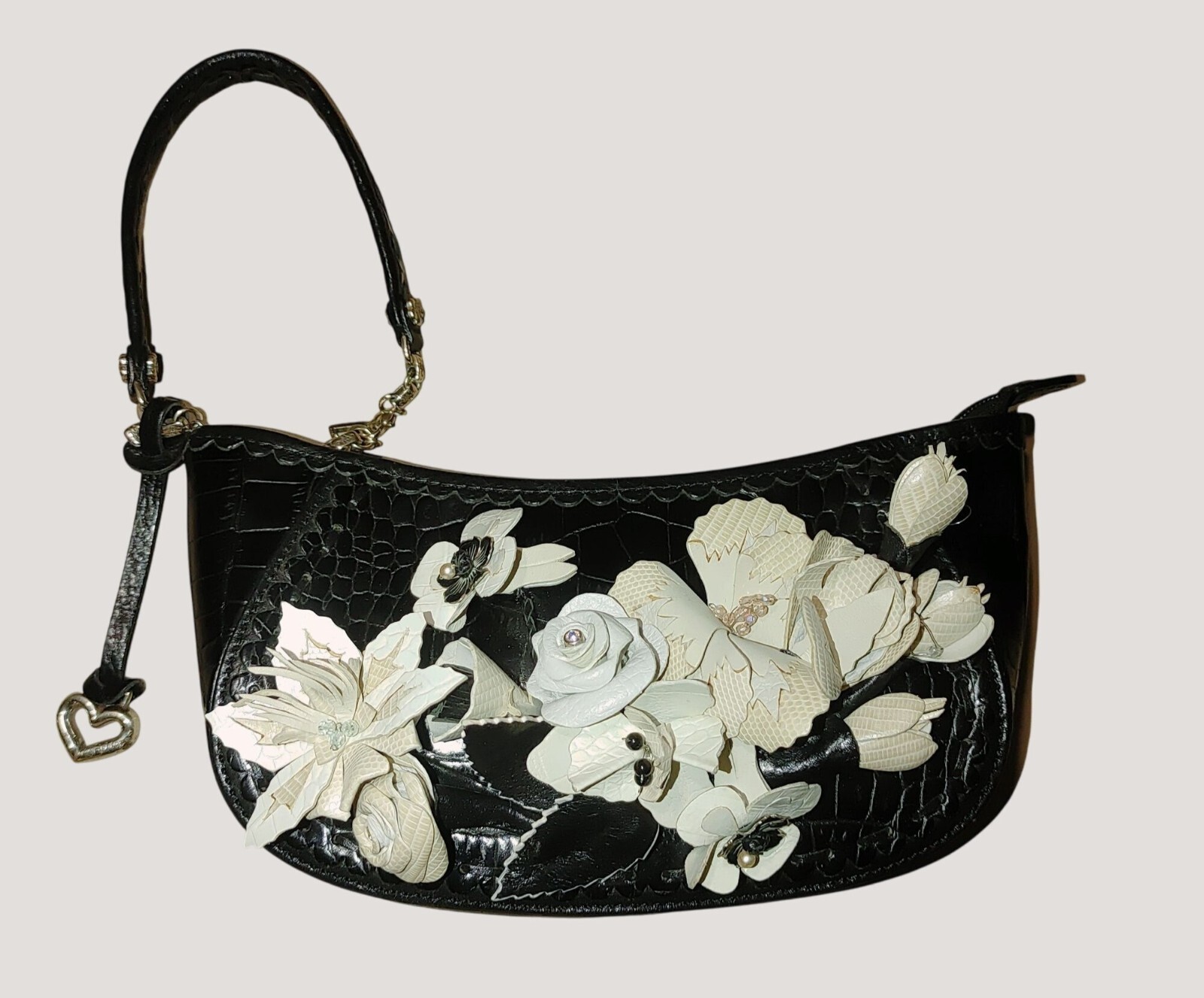 Brighton Leather Floral Embellished Black Retired Calista Croc Embossed Wristlet