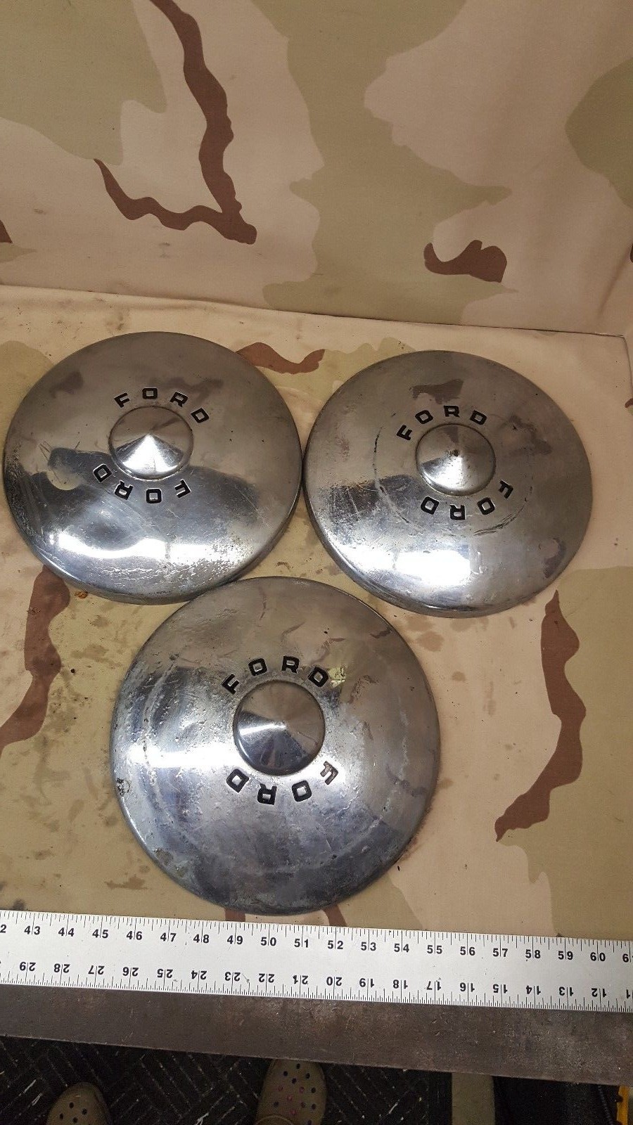 (3) 1949-1950 Ford Cars only Dog Dish Hubcaps OEM