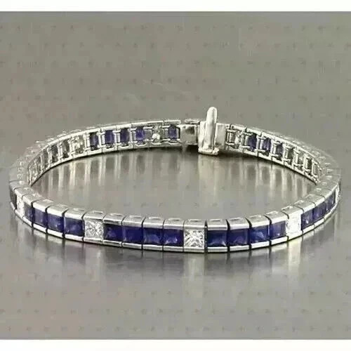 10Ct Princess Cut Blue Lab Created Men\'s Tennis Bracelet 14K White Gold Plated