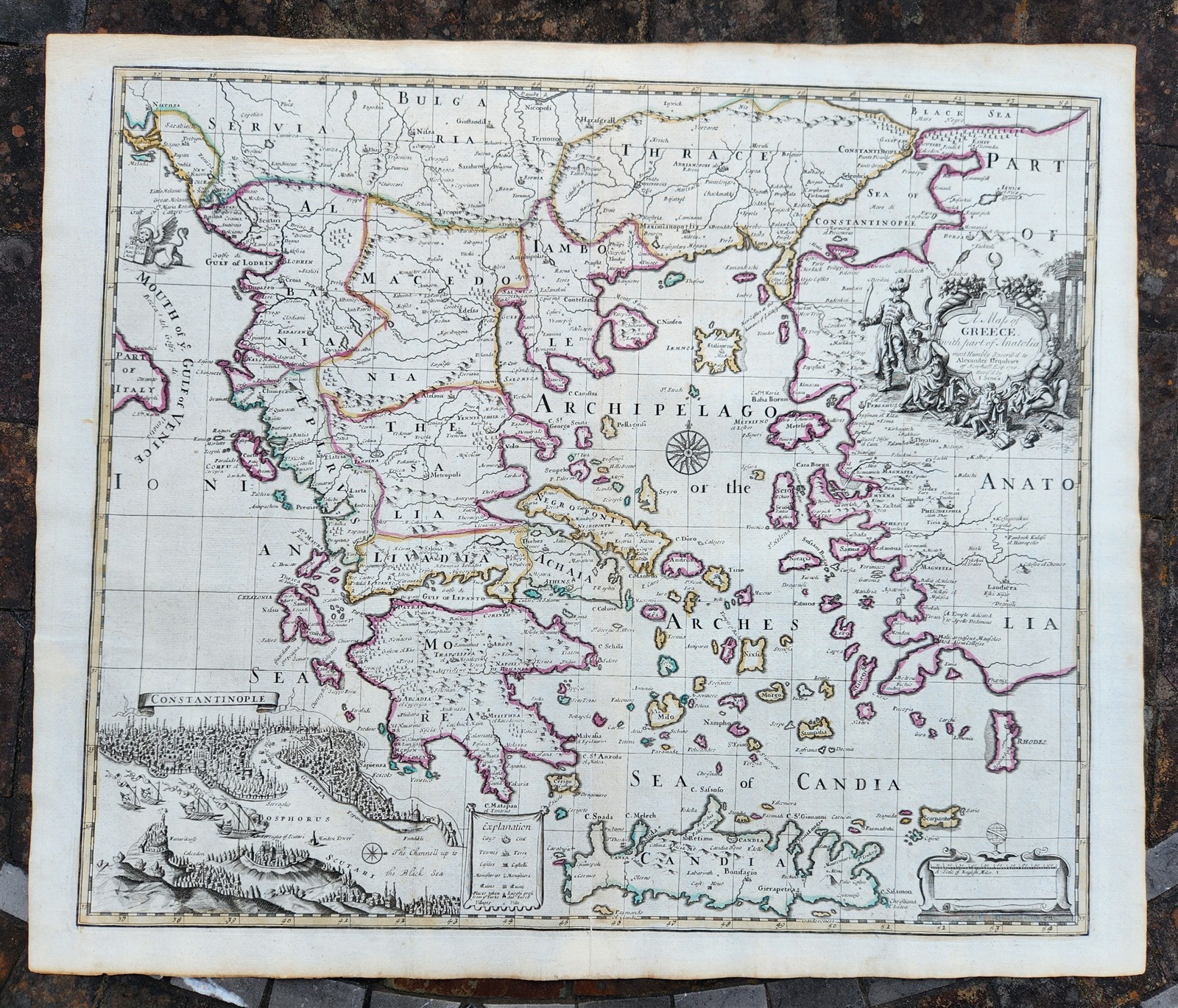 1720 A MAP of GREECE w/ ANATOLIA & VIEW of CONSTANTINOPLE TURKEY Senex antique