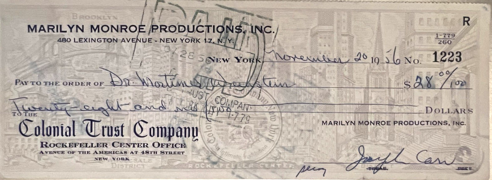 MARILYN MONROE PROD. RARE ORIGINAL 1956 CHECK PAYS BILL FROM MARILYN\'S DOCTOR