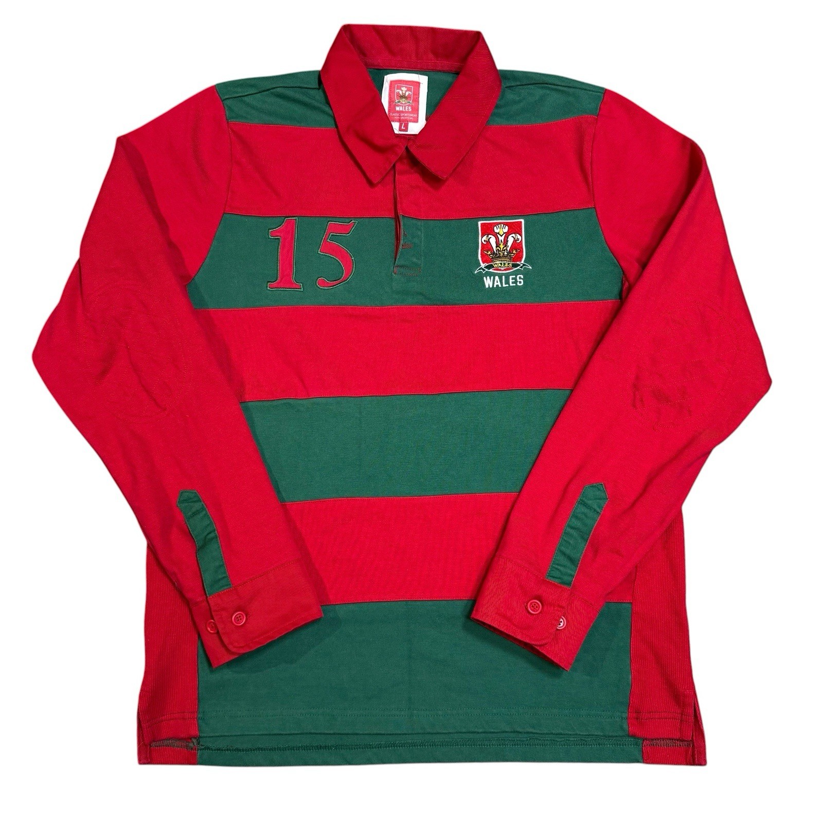 Vintage Wales Rugby Shirt Mens L #15 Long Sleeve Red Green Welsh Rugby Jersey Vintage Wales Rugby Shirt Mens L #15 Long Sleeve Red Green Welsh Rugby Jersey