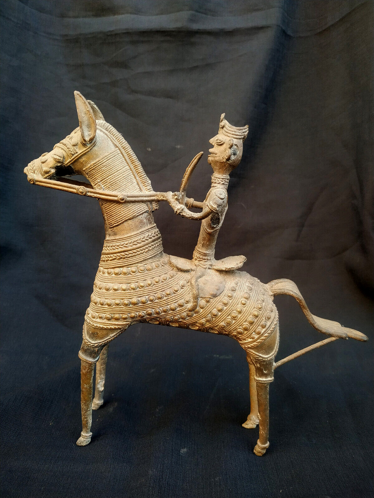 ANTIQUE TRADITIONAL INDIAN ETHNIC BRONZE HORSE RIDER ORRISA DOKRA COLLECTIBLE