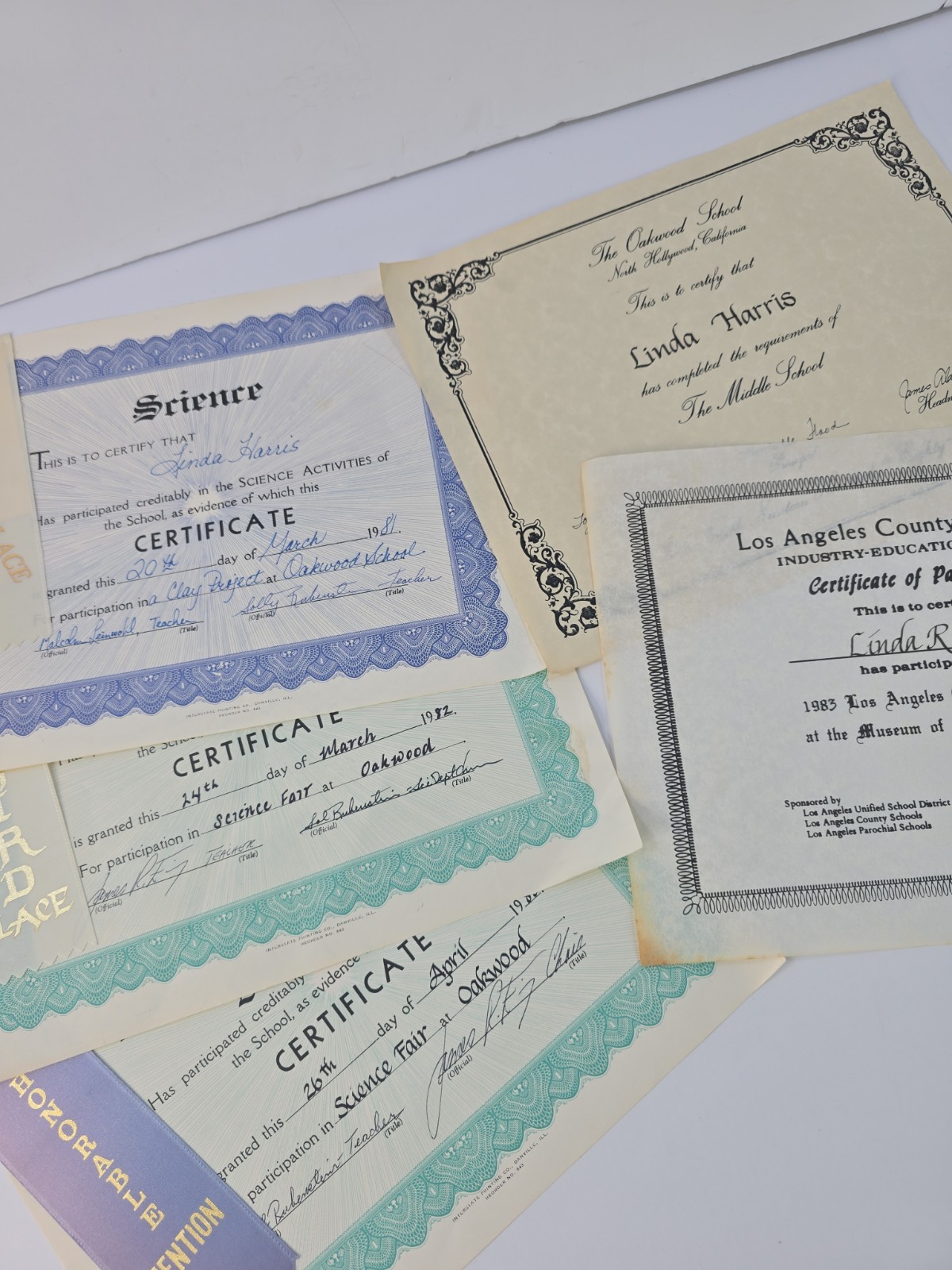 Vintage 1981-83 Oakwood School Science Fair Certificates Ribbons Lot of 5