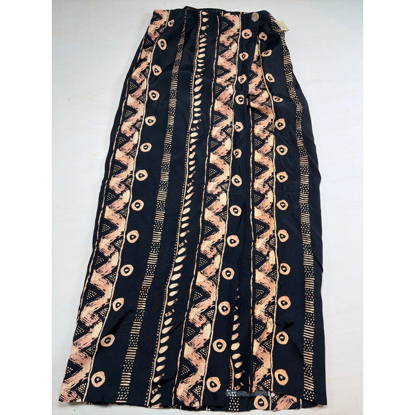 Vintage Express Tribal Geometric Print Maxi Skirt Black Tan Rayon Made in USA M