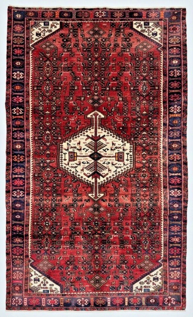 Vintage Hamedan 5x10 Tribal Geometric Hand Knotted Wool Rug Red Oriental Area