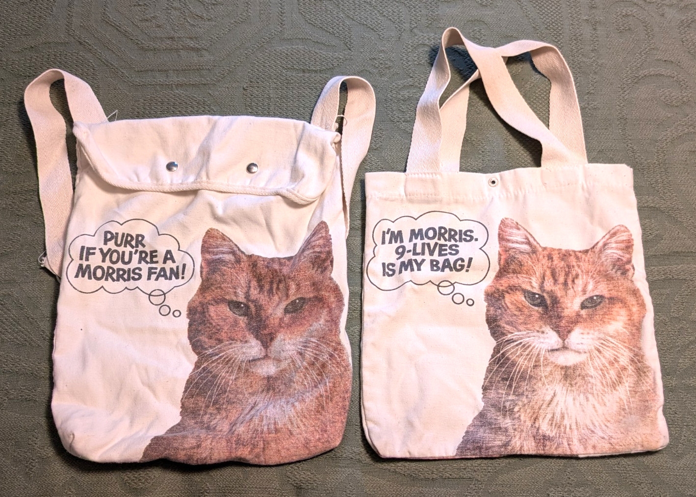 Vtg 1980s 9-Lives Cat Food Morris Canvas Snap Shoulder Tote Bag and Backpack Set