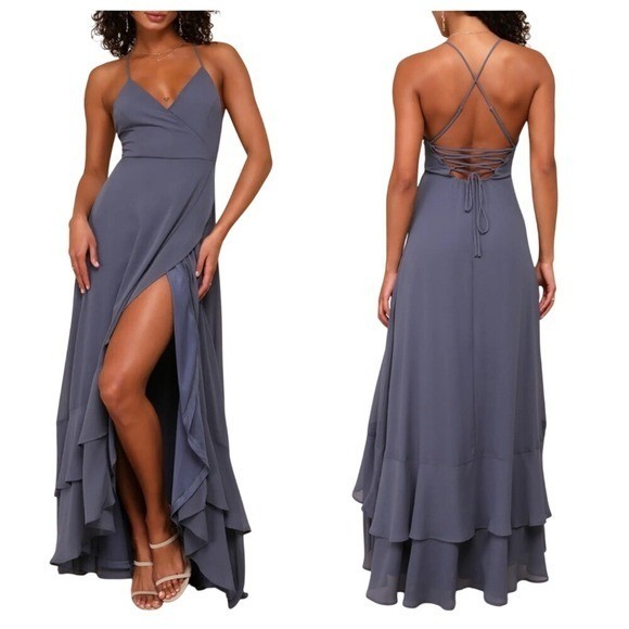 Lulus Slate Blue Lace-Up Back Ruffle Maxi Dress High-Low Formal Gown