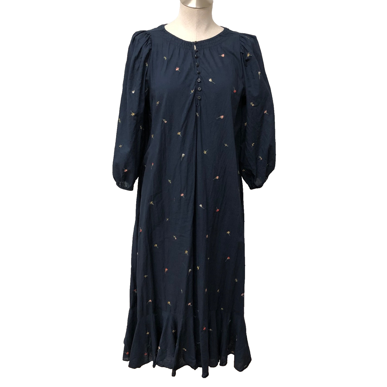 The Great A Line Dress Womens 1 Small Blue Floral Embroidered 3/4 Sleeve Lined