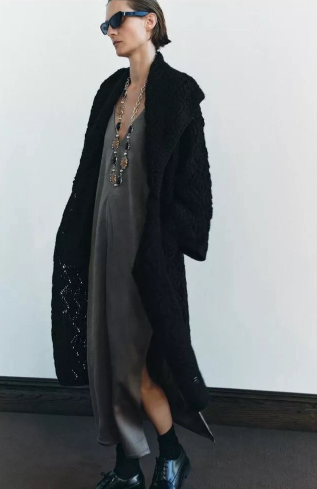 Zara Open Long Cable Knit Textured Coat /Cardigan Black Size M 3653/110 New