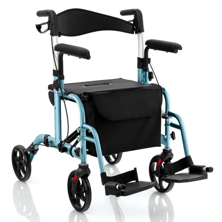 2-in-1 Outdoor Folding Rollator Walker w/ Adjustable Handles & Ergonomic Brakes