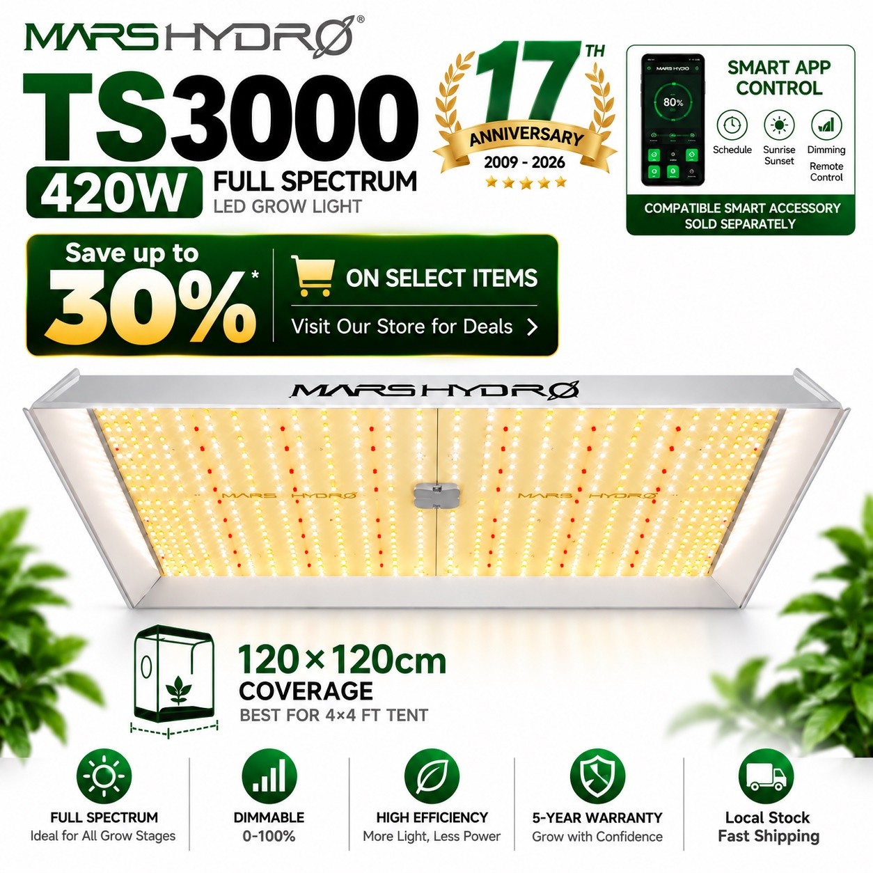 MARS HYDRO TS 3000 Smart LED Grow Light 450W Full Spectrum Dimmable for 4x4ft