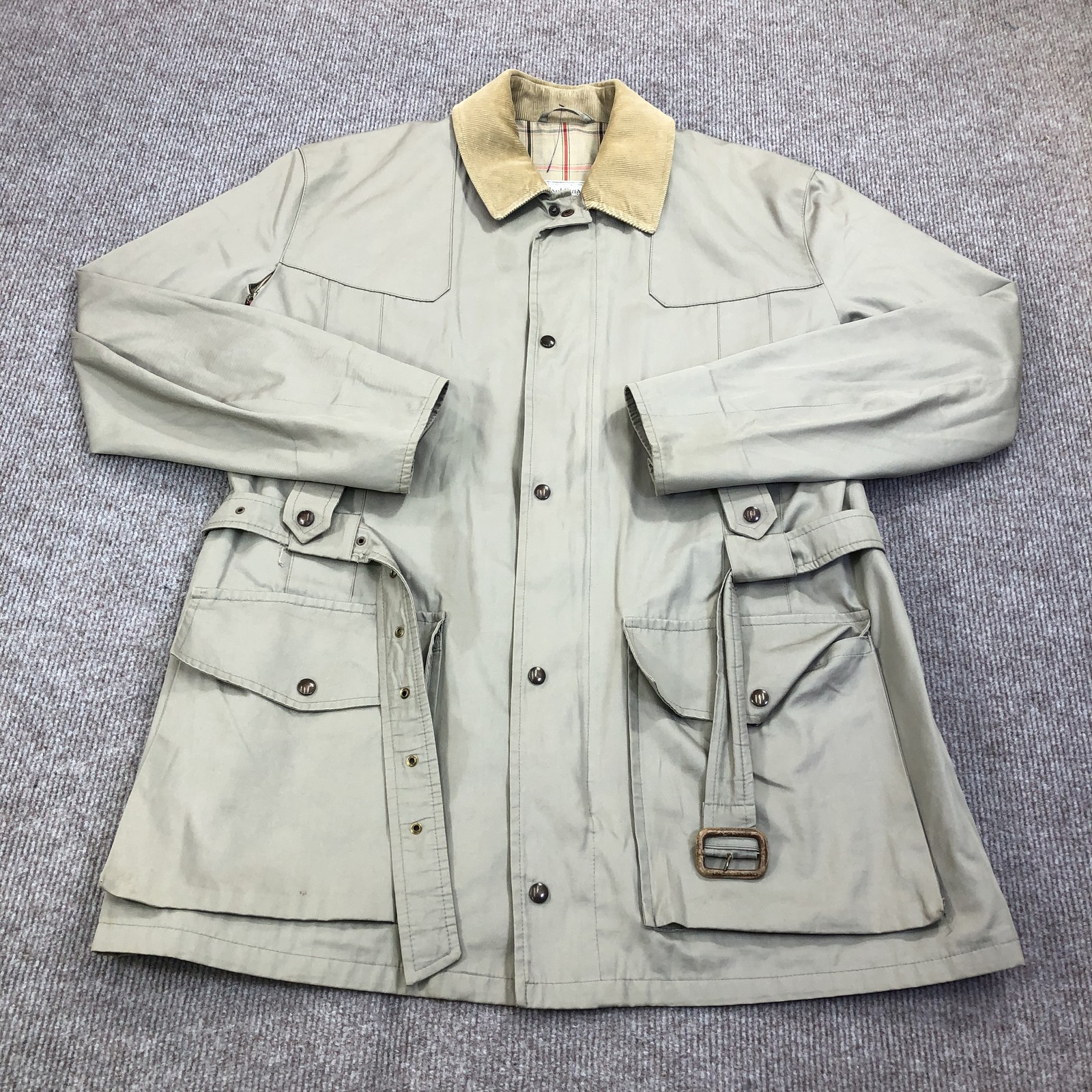 Vintage Paul Stuart Coat Mens Large Beige Canvas Belted Rain England Lined