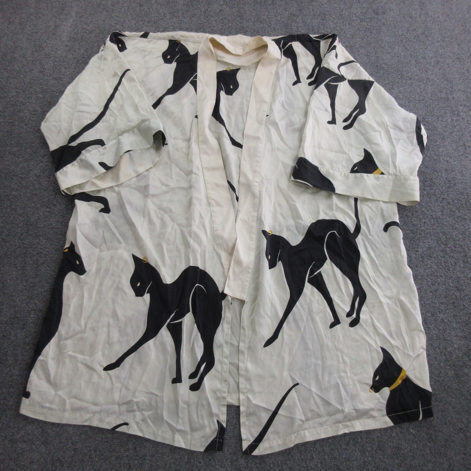 Olivia Von Halle Robe Womens One Size White 100% Silk Kimono Cat Print Lounge