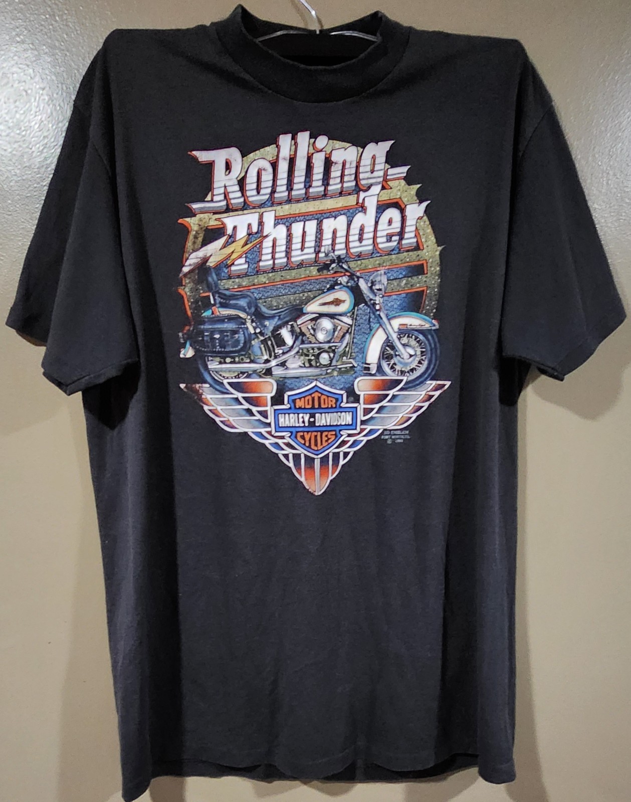 Vintage 1991 Harley Davidson 3D Emblem Rolling Thunder T Shirt XL Single Stitch 
