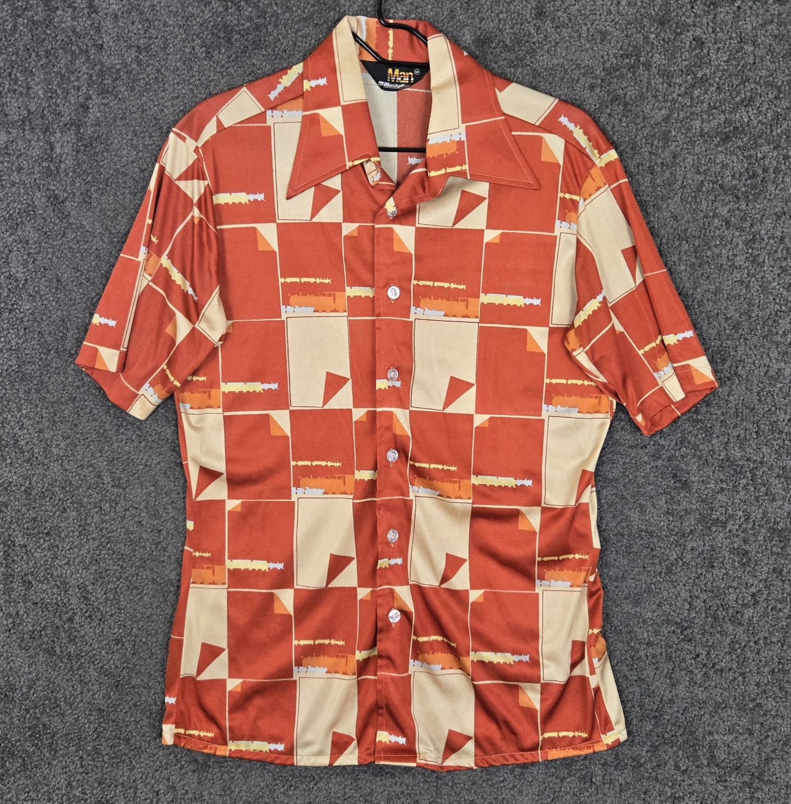 Vintage 70s Manhattan Shirt Men\'s Medium Geometric Dagger Collar Retro Disco