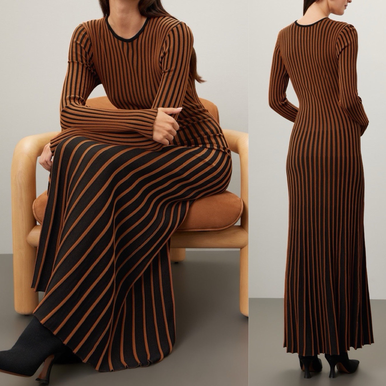 $375 STAUD Selma Knit Round Neck Striped Midi Dress - MED **FLAWED**
