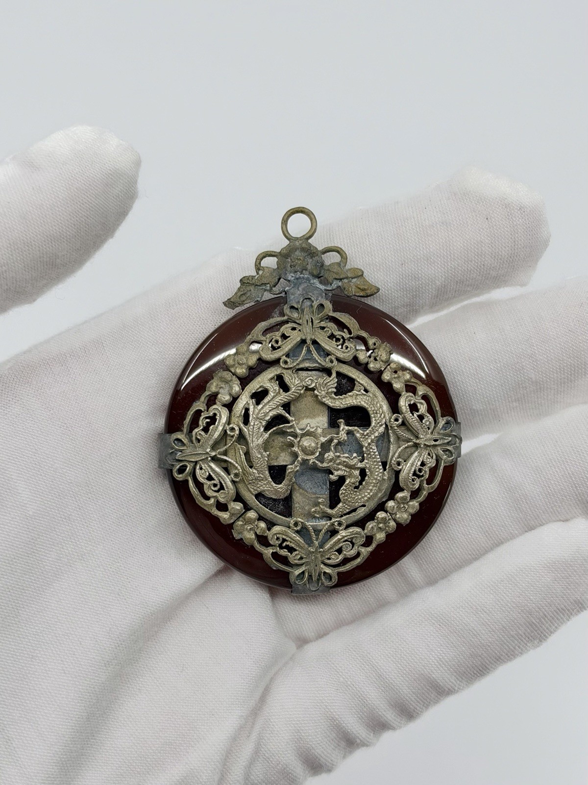 Vintage Chinese Red Jade Dragon Phoenix Pendant Miao Style Metalwork