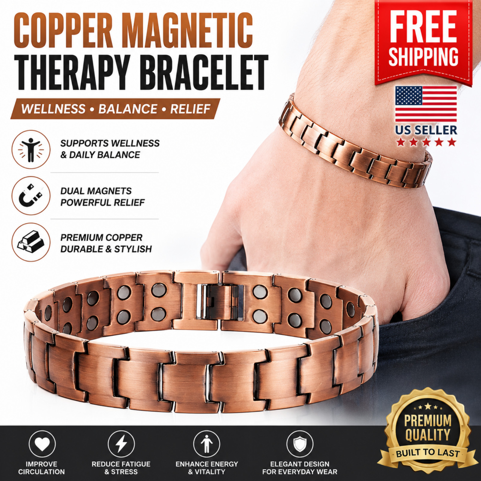 Men's Bracelet Magnetic Therapy Arthritis Pain Relief Pure Solid Copper Bangle