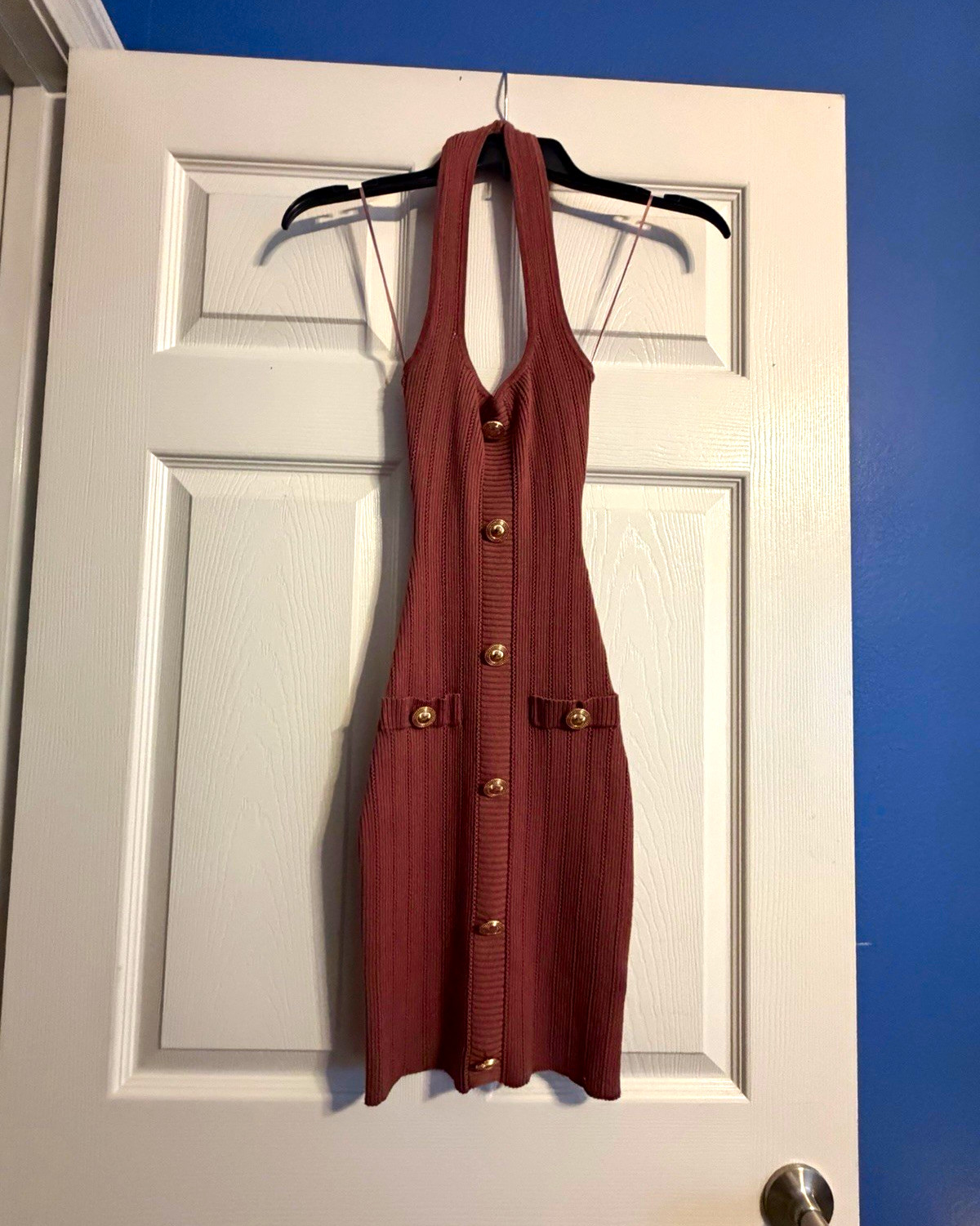 Windsor Brown Ribbed Knit Halter Button Front Bodycon Mini Dress, Women\'s S Windsor Brown Ribbed Knit Halter Button Front Bodycon Mini Dress, Women\'s S
