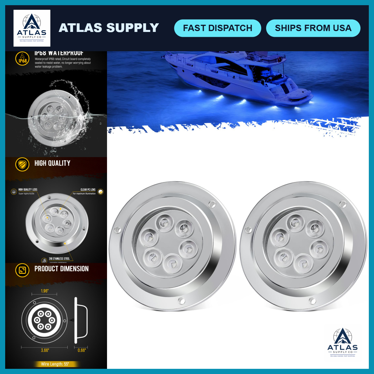 2Pcs Blue 6LED Underwater Boat Lights, IP68 Waterproof Transom Light for Yachts, 2Pcs Blue 6LED Underwater Boat Lights, IP68 Waterproof Transom Light for Yachts,