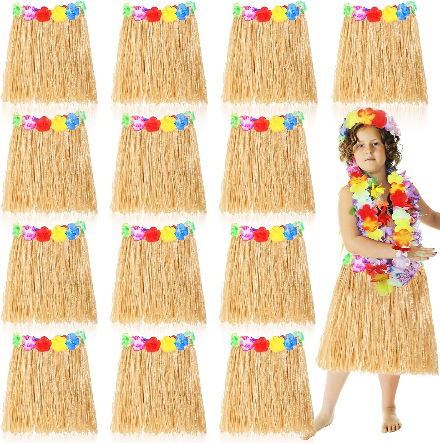 12 Pcs Hawaiian Hula Grass Skirts for Kids Tropical Hula Skirts for 12 Pcs Hawaiian Hula Grass Skirts for Kids Tropical Hula Skirts for