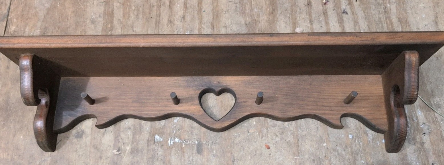 VTG Wooden Heart 24” Shelf with Heart Cutout & Plate Notch Along Top Country
