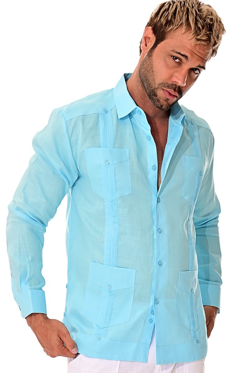 Bohio Mens 100% Linen Cuban Guayabera Shirt - Aqua Traditional 4-Pocket- MLS501 Bohio Mens 100% Linen Cuban Guayabera Shirt - Aqua Traditional 4-Pocket- MLS501