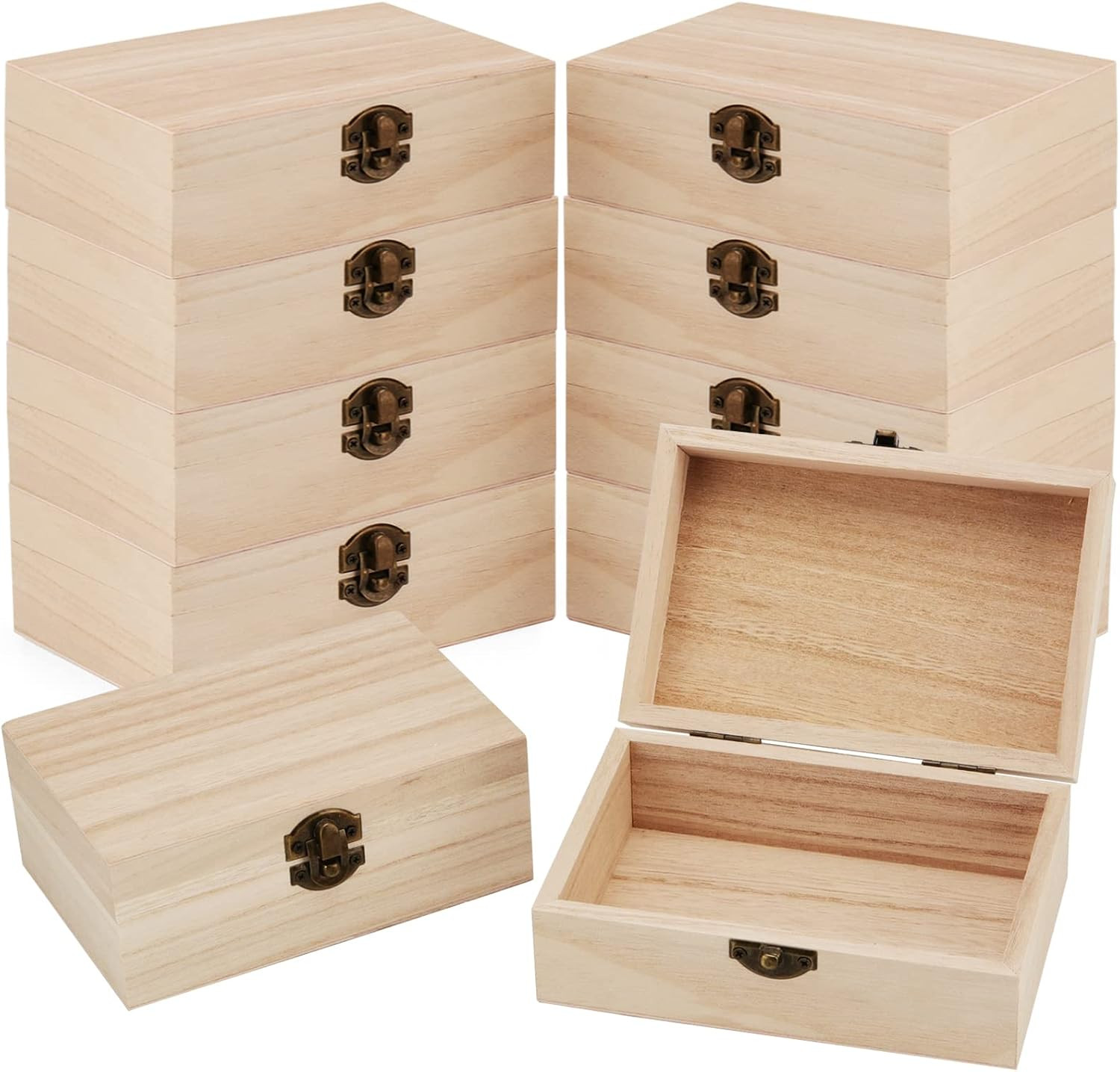10 Pack Small Wooden Boxes with Hinged Lid for DIY Craft and Storage 10 Pack Small Wooden Boxes with Hinged Lid for DIY Craft and Storage