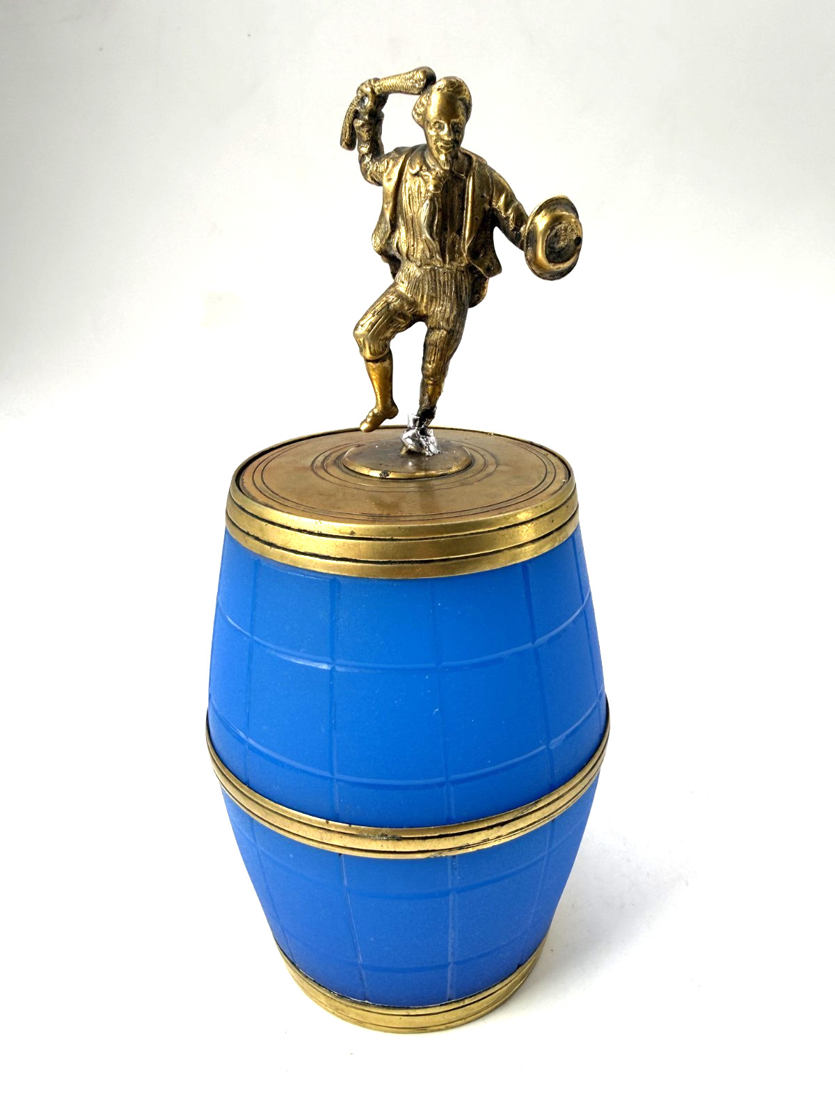 Antique French Opaline Glass Barrell with Figuran Finial Jig Man Treasure Box