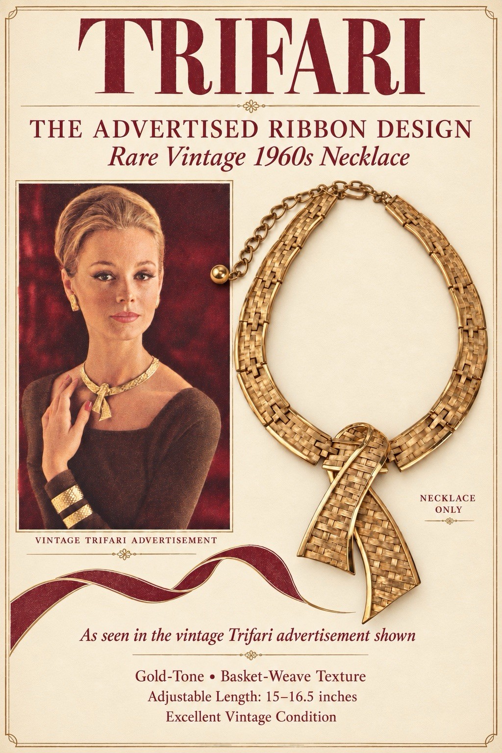 Rare Vintage 1960s Trifari Gold-Tone Ribbon Collar Necklace
