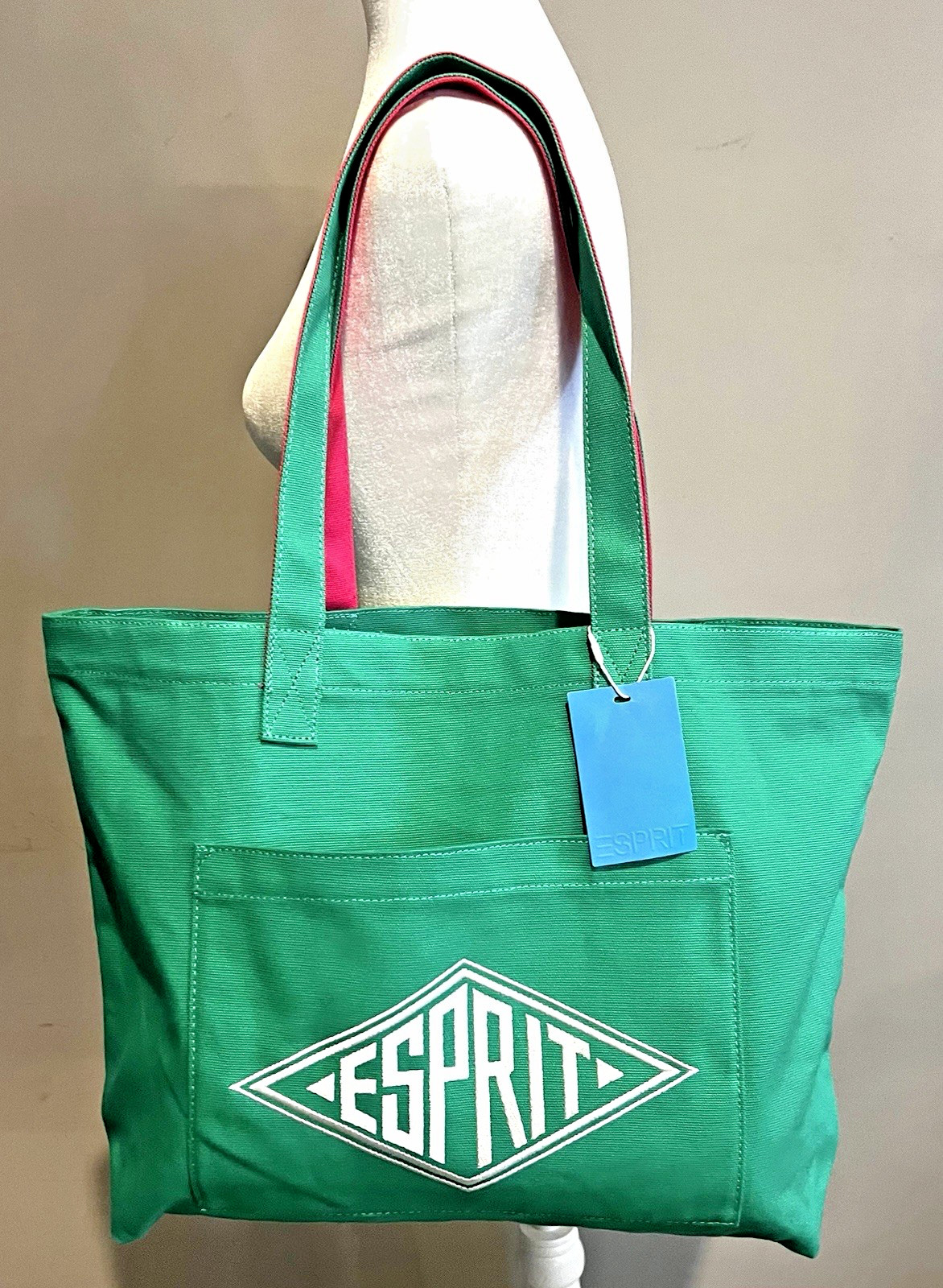 ESPRIT Throw-back 90\'s Style Kelly Green Canvas Logo Tote Authentic SEE DESC