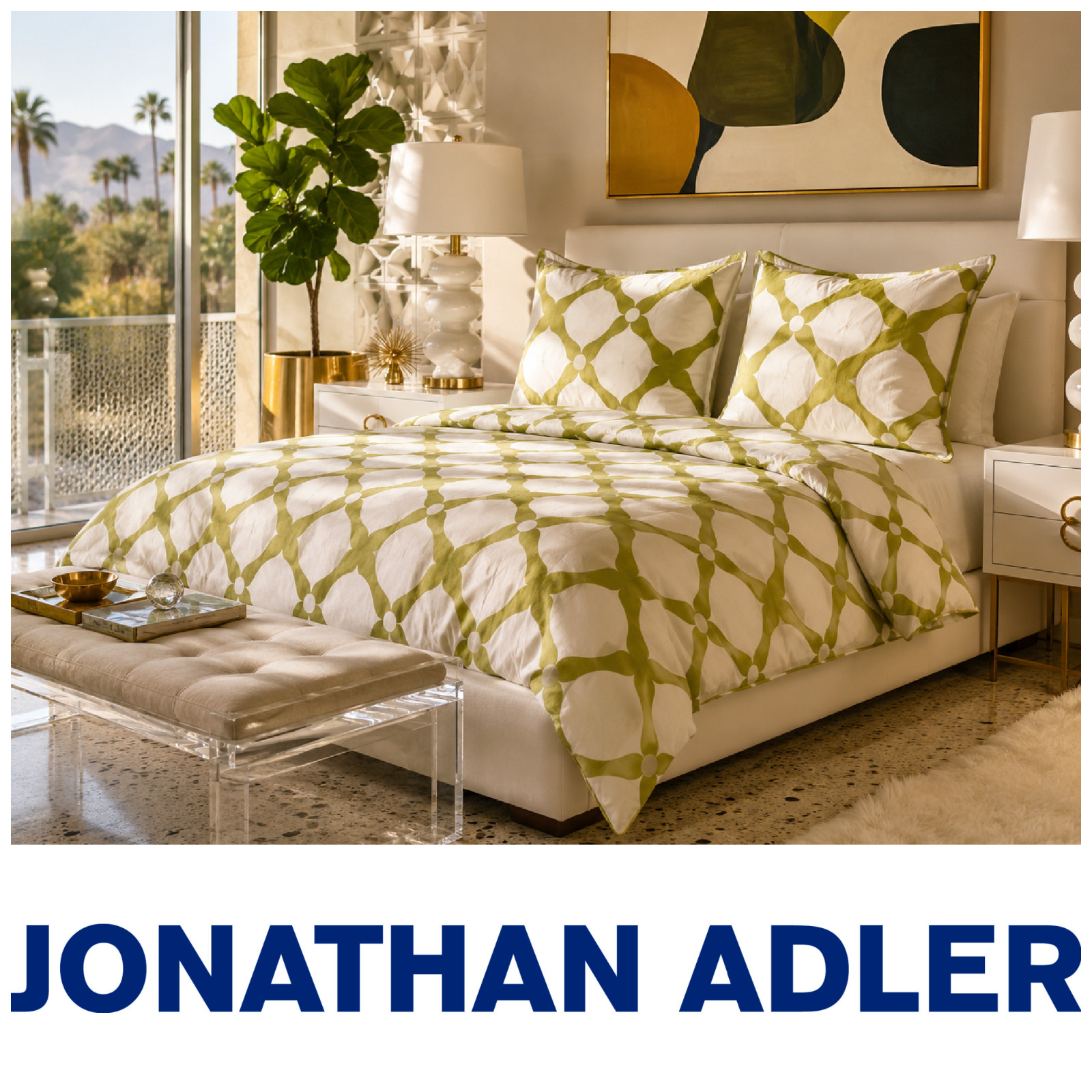 Vtg Y2K Jonathan Adler King Duvet Cover Set 2 Euro Shams Green White Geometric